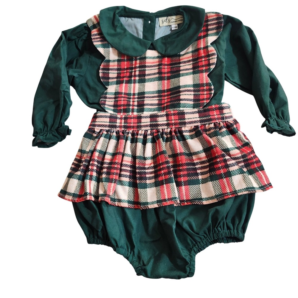 12M Southern Darlin Smocks SDS Baby Girl Green Plaid Scalloped Bow Romper